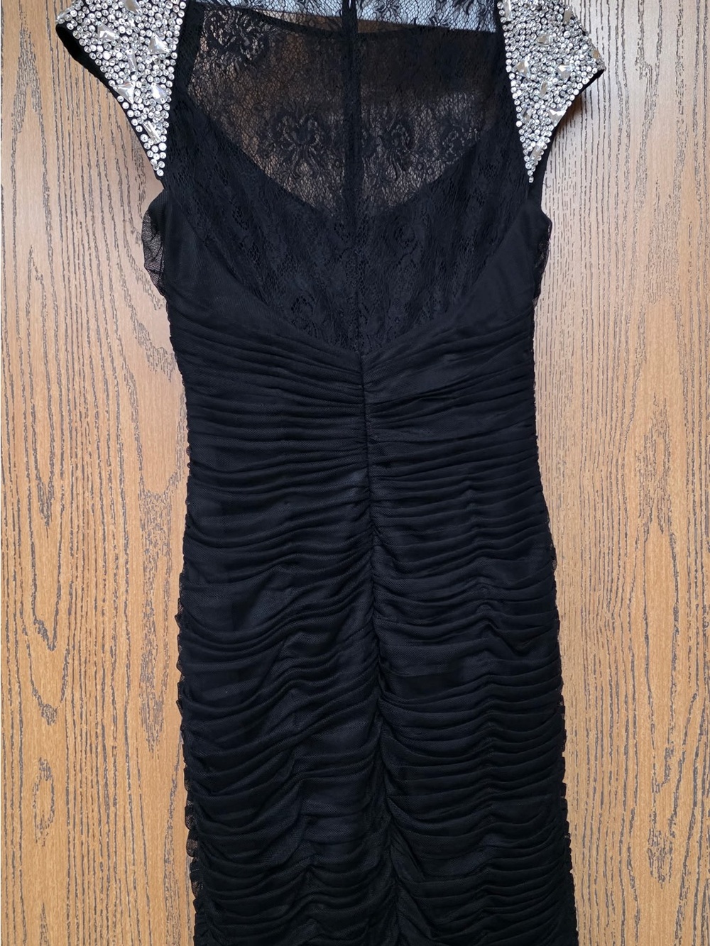 Jovani Black Ruched Lace Midi Dress with Crystal-Embellished Shoulders